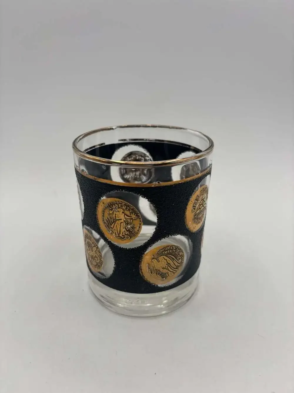 Vintage Libbey Black Textured Gold Coin Design Mid Century Modern Rocks Glass